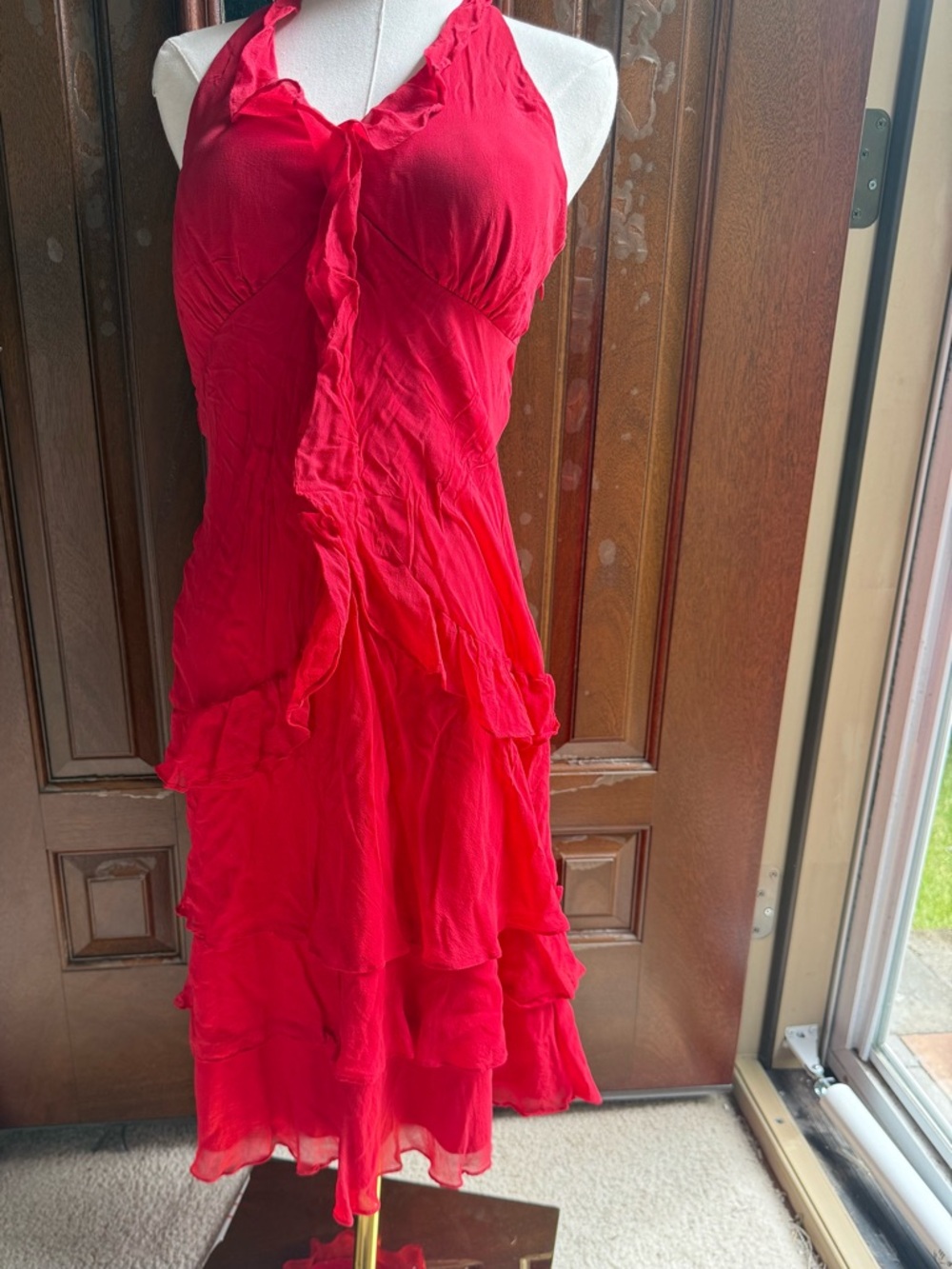 Red Silk Halter Ruffle Midi Dress - Picture 2 of 6